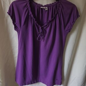 Esprit Purple Ruffle-Trim Tie-Neck Short Sleeve Top